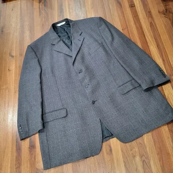 Pronto-Uomo Suit Jacket Blazer Silk Wool Gray Plaid Italy Lined Size 54 Long